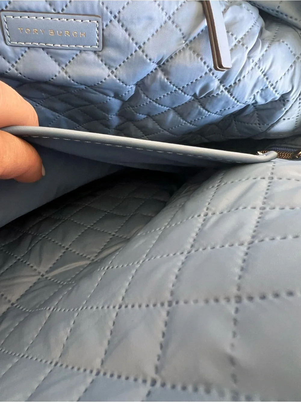 Tory Burch Quilted Blue Backpack with Tan Handles